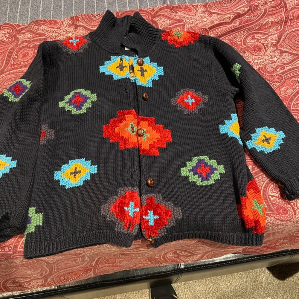 Cambridge Dry Goods Black Sweater with Colorful Patterns